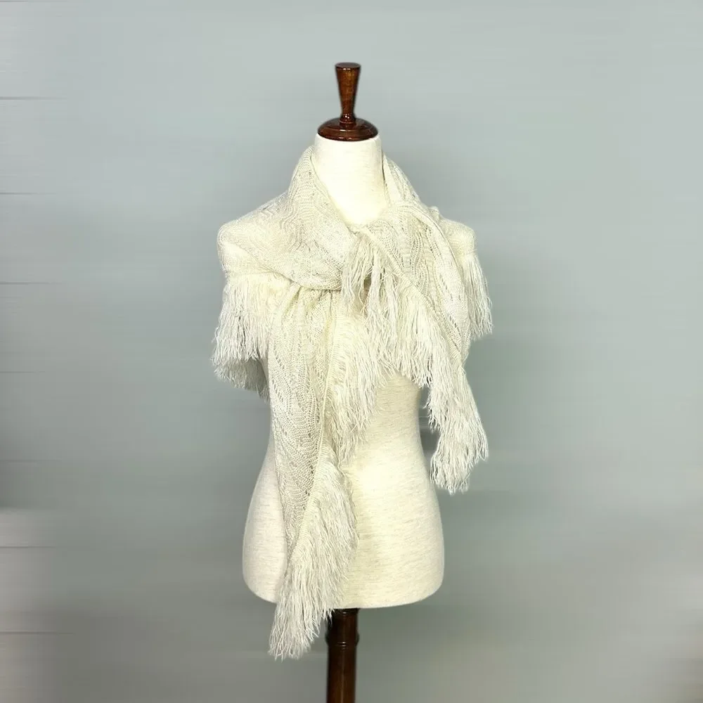 Vintage Desco Cream Scarf Shawl Triangular with Fringes Japan  Acrylic Boho